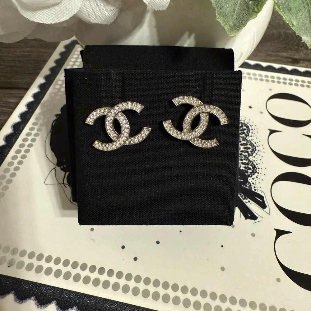 Chanel‎ Classic Silver Crystal CC Earrings